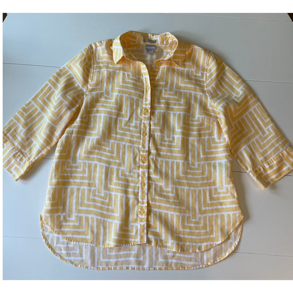 Chico’s 100% Linen No Iron Top Sz L 12/14 Yellow White Geometric Preppy - Picture 6 of 10